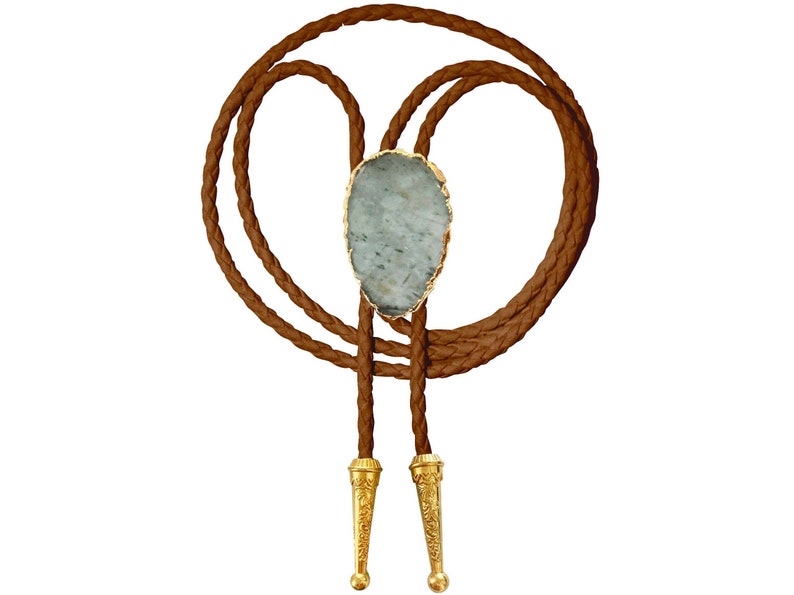 Aquamarine Bolo Tie Edelstein Gold oder Silber Zierstein geflochten Vegan Kunstleder handgemachte Halskette Einstellbar Weiß Braun Western Schmuck Bild 1