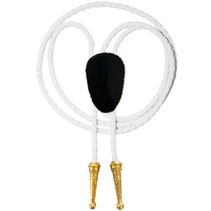 Black Onyx Bolo Tie Gemstone Gold Trim Stone Braided Vegan Faux Leather Gold Tips Handmade Necklace Adjustable White Brown Western Jewelry