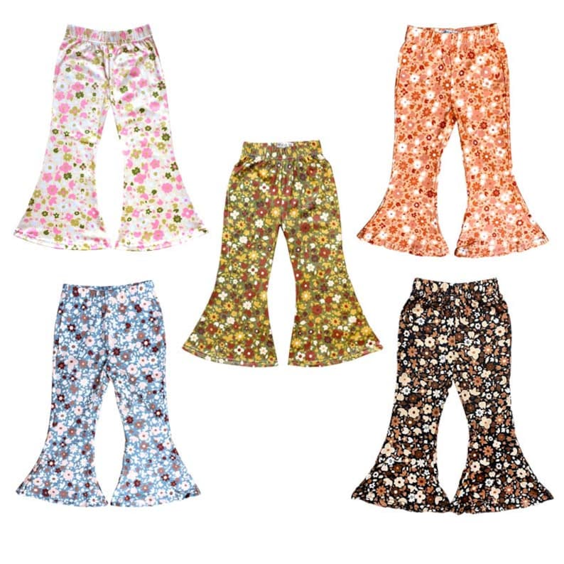 May include: Five pairs of bell bottom pants with floral patterns. The pants are in pink, orange, green, blue, and brown.