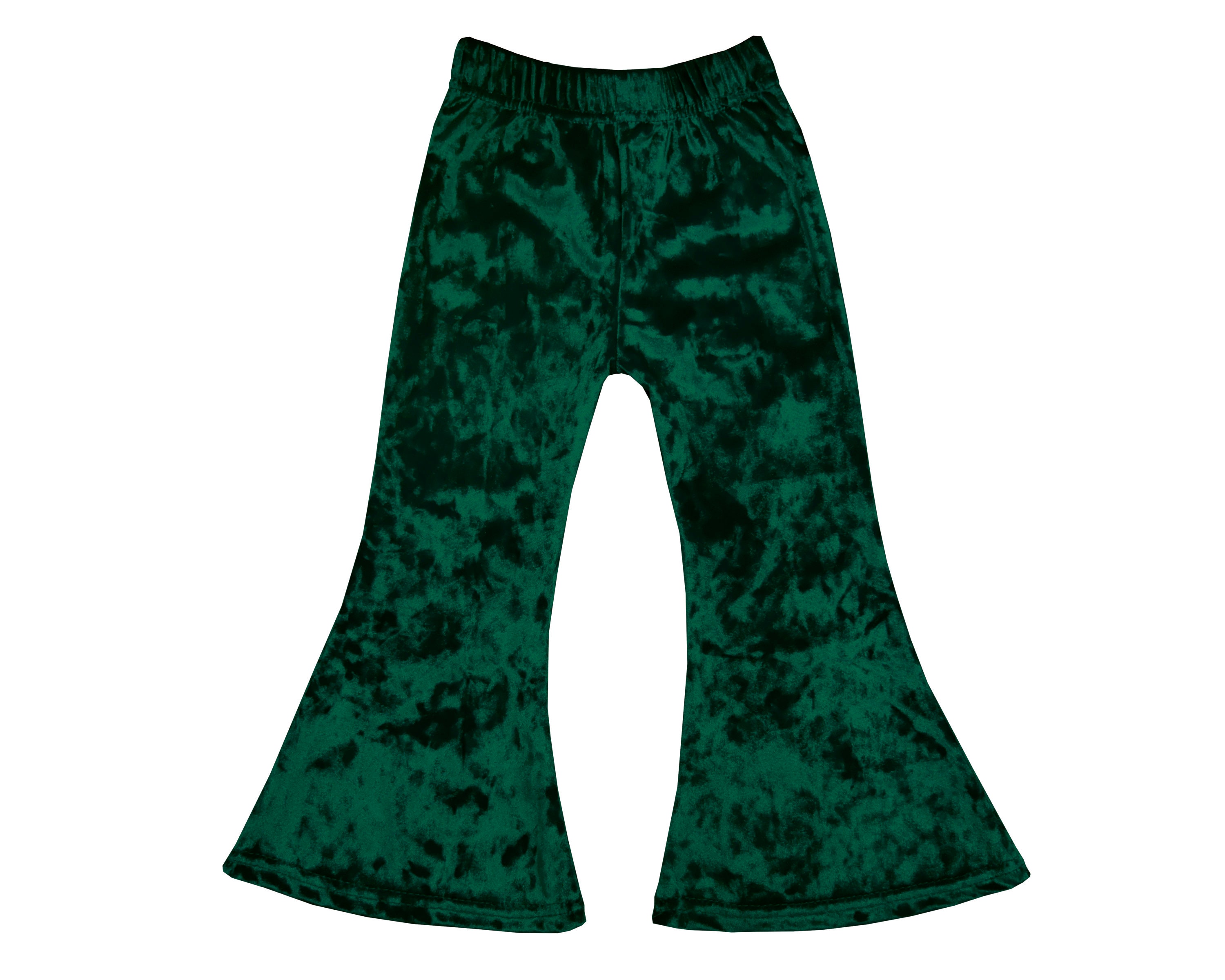 Little Girls Emerald Green Crushed Velvet Bell Bottom Boho Holiday Winter Stretch Flared Legging Yoga Pants Toddler Kids Sizes 2T-5T, 6-14