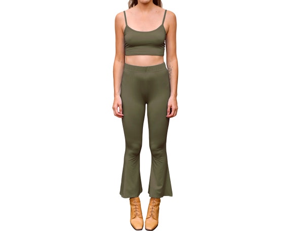 Olive Green 2-piece Coord Crop Top High Waisted Ankle Cropped Kick Flare  Capri Bell Bottom Pants Legging Boho Yoga Loungewear Matching Set 