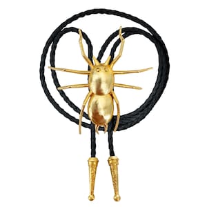 Gold Spider Bolo Tie 3D Bug Braided Vegan Faux Leather Pretty Handmade Statement Necklace Adjustable Western Jewelry