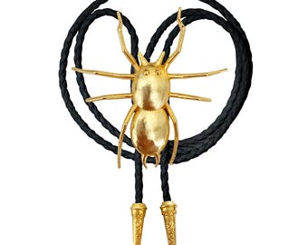 Gold Spider Bolo Tie 3D Bug Braided Vegan Faux Leather Pretty Handmade Statement Necklace Adjustable Western Jewelry