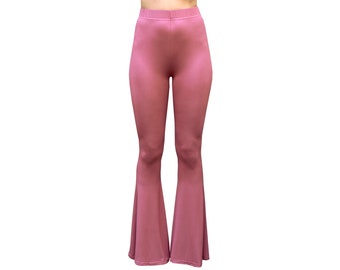 Bell Bottom Flare High Waisted Boho Comfy Stretch Knit Yoga 70s Hippie Bohemian Festival Legging Loungewear Pants in Solid Rose Pink