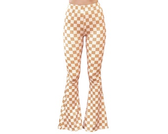 Bell Bottom Flare Stretch Yoga High Waisted Boho Retro Checkerboard Print Comfy 70s Festival Legging Pants - Tan