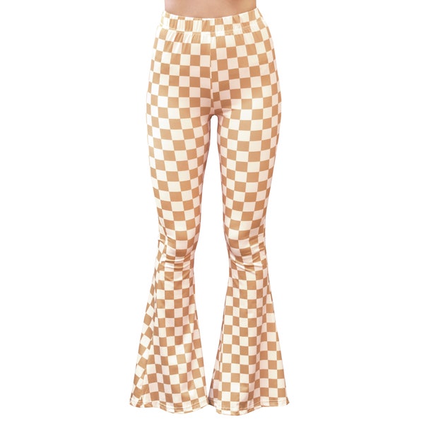 Bell Bottom Flare Stretch Yoga High Waisted Boho Retro Checkerboard Print Gypsy Comfy 70s Festival Legging Pants - Tan