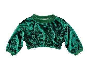 May include: A cropped, emerald green velvet top with a crew neck and long sleeves. The sleeves and neckline are trimmed with a darker green ribbed knit. The bottom hem is elasticized. The fabric has a crushed velvet texture.