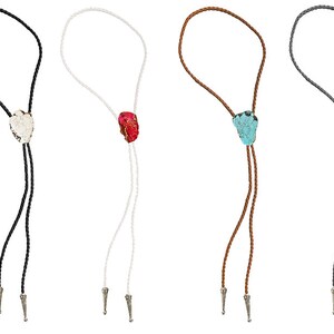 Bolo Tie Turquoise Stone Braided Vegan Faux Leather Silver Tips Handmade Necklace Adjustable Black White Brown Boho Bohemian Western Jewelry