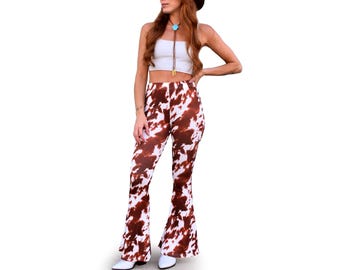 Bell Bottom Flare High Waisted Brown White Cow Cowhide Animal