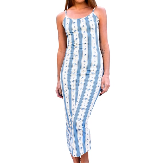 blue tight fitted dress Coquette Backless Low Open Back Scoop Neck Sleeveless Spaghetti Strap Bodycon Midi Midaxi Long Printed Stretch Knit amelia couture