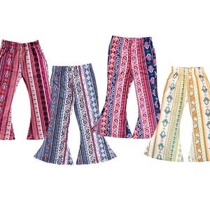 May include: Four pairs of bell bottom pants with different colorful patterned designs. The pants are made of a soft, comfortable fabric and have a wide leg opening.