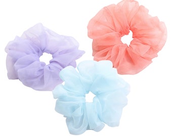 Oversized Scrunchies Extra Big Earthy Pastel Multi Color Sheer Organza See-Through Ponytail Holder Hair Tie Accessory