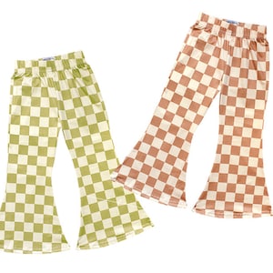 May include: Two pairs of checkered bell bottom pants. One pair is green and white, the other is brown and white.