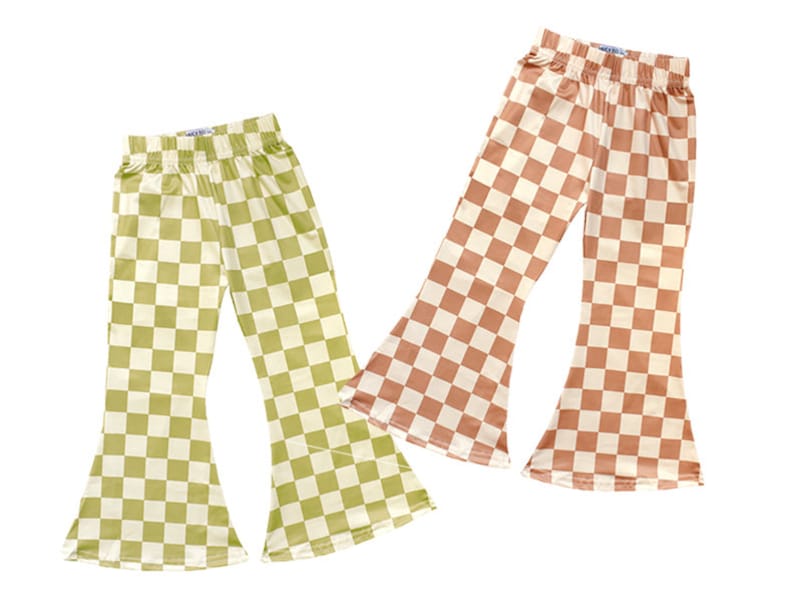 May include: Two pairs of checkered bell bottom pants. One pair is green and white, the other is brown and white.