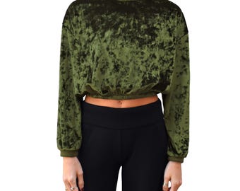 Olive Green Lush Crushed Velvet Crewneck Long Sleeve Crop Top Stretch Knit Comfy Pullover Cropped Sweatshirt