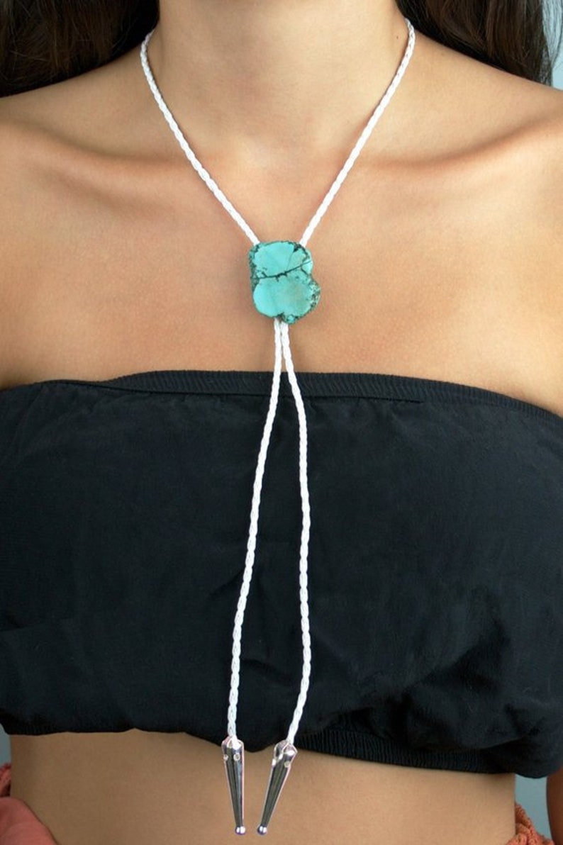 Turquoise Stone Bolo Tie Braided Vegan Faux Leather Metal Tips Handmade Necklace Adjustable Black White Brown Boho Bohemian Western Jewelry image 5