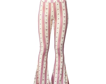 Pantalones de yoga acampanados elásticos de cintura alta estilo boho retro con estampado floral a rayas, cómodos, estilo años 70 - Pink Coquette