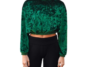 Emerald Green Lush Crushed Velvet Crewneck Long Sleeve Crop Top Stretch Knit Comfy Pullover Cropped Sweatshirt