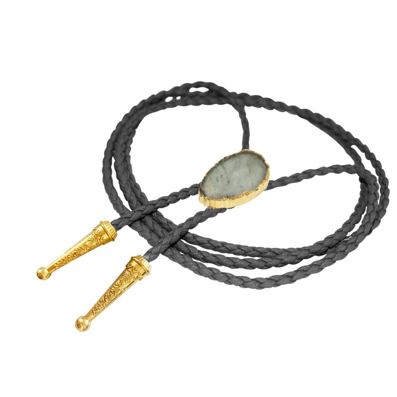 Aquamarine Bolo Tie Edelstein Gold oder Silber Zierstein geflochten Vegan Kunstleder handgemachte Halskette Einstellbar Weiß Braun Western Schmuck Bild 3