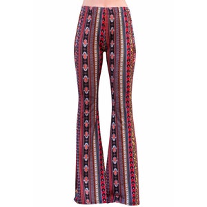 Bell Bottom Flare High Waisted Boho Hamsa Hand Damask Print Red Yellow 70s Hippie Bohemian Stretch Yoga Festival Legging Pants
