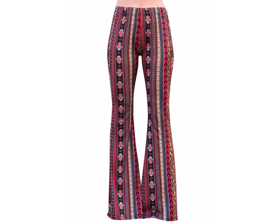 Bell Bottom Flare High Waisted Boho Ethnic Hamsa Hand Damask Print Red  Yellow 70s Gypsy Hippie Bohemian Stretch Yoga Festival Legging Pants 