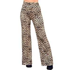 Wide Leg High Waisted Hippie Bohemian Stretch Knit Loose Fit Casual Loungewear Straight Palazzo Pants - Leopard