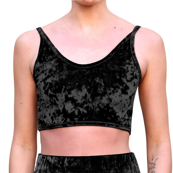 Buy Black Crushed Velvet Cropped Tank Scoop V-neck Spaghetti Strap