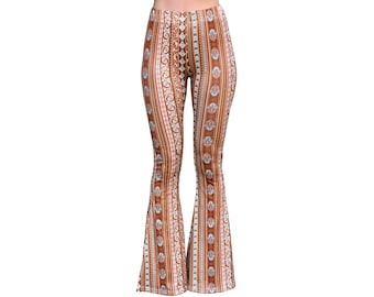 Bell Bottom Flare High Waisted Rust Brown Hamsa Hand Damask Boho Print 70s Hippie Bohemian Stretch Yoga Festival Legging Loungewear Pants