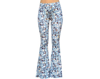 Pantalones acampanados elásticos de yoga de cintura alta con estampado bohemio, cómodos, estilo años 70, estilo hippie, bohemio, para festivales, con estampado floral índigo.