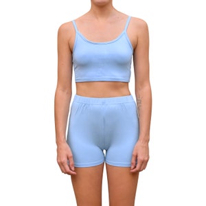 Two Piece Co-Ord Crop Top Cami High Waisted Biker Shorts Yoga Athleisure Loungewear Women&#39;s Matching Set - 2&quot; Inseam - Solid Light Blue