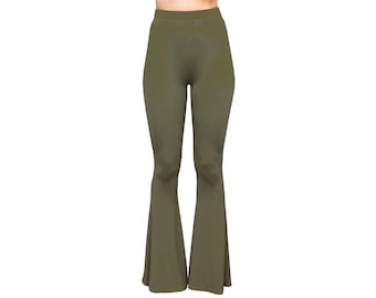 Bell Bottom Flare High Waisted Boho Comfy Stretch Knit Yoga 70s Hippie Bohemian Festival Legging Loungewear Pants in Solid Olive Green