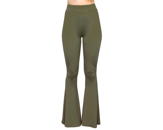 Bell Bottom Flare High Waisted Boho Comfy Stretch Knit Yoga 70s Hippie  Bohemian Festival Legging Loungewear Pants in Solid Olive Green 