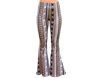 Bell Bottom Flare Stretch Yoga High Waisted Boho Print Comfy Paisley Damask Hamsa 70s Hippie Bohemian Festival Legging Pants - Mocha