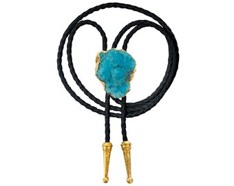 Turquoise Bolo Tie Gemstone Gold Silver Trim Stone Braided Vegan Faux Leather Handmade Necklace Adjustable White Brown Western Jewelry