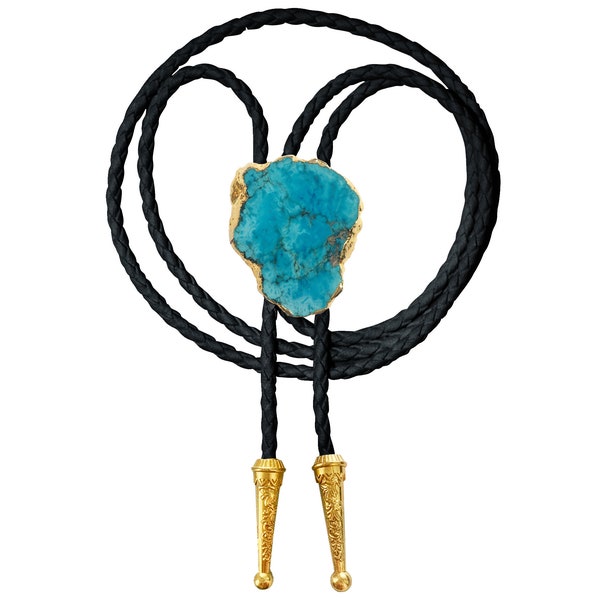 Turquoise Bolo Tie Gemstone Gold Silver Trim Stone Braided Vegan Faux Leather Handmade Necklace Adjustable White Brown Western Jewelry