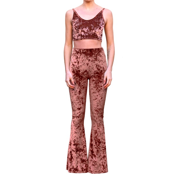 Dusty Rose Crushed Velvet Bell Bottom Flare Stretch High Waisted Rise 70s Hippie Gypsy Bohemian Festival Legging Pants & Top Loungewear Set