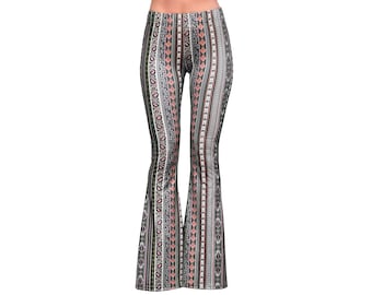 Bell Bottom Flare Stretch Yoga High Waisted Boho Print Comfy Paisley Damask Hamsa 70s Hippie Bohemian Festival Legging Pants - Olive