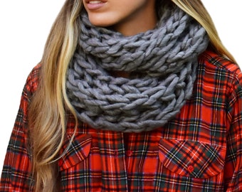 Dark Charcoal Grey Chunky Thick Knit Oversized Plush Soft Warm Winter Women's Loop Infinity Scarf