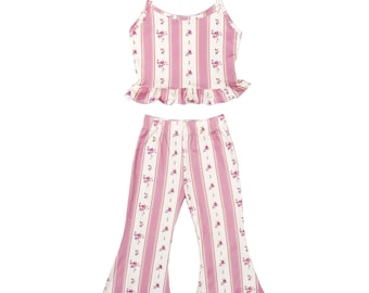 Little Girls Pink Coquette Floral Stripe Print Ruffle Peplum Tank Top with Matching Bell Bottom Flare Pants Co Ord 2-Piece Outfit Set