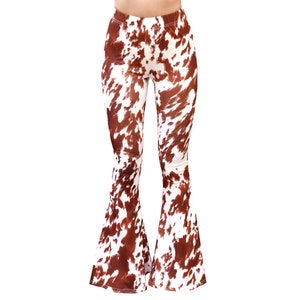 Schlaghose Hoch taillierte Braun Weiß Kuh Rindsleder Animal Print Boho 70er Jahre Hippie Boho Stretch Yoga Festival Legging Loungewear Hose