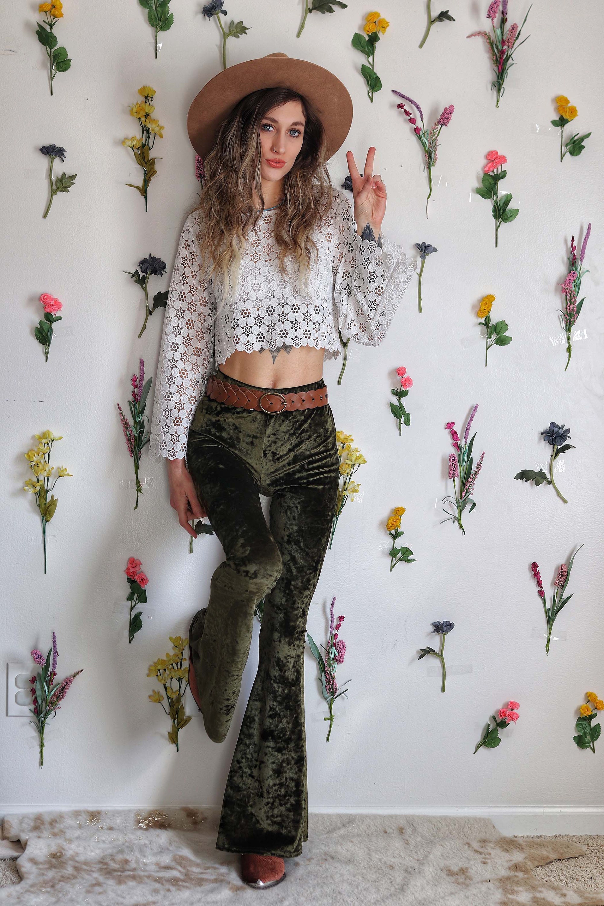 Crushed Velvet Bell Bottom Flare Stretch High Waisted Rise