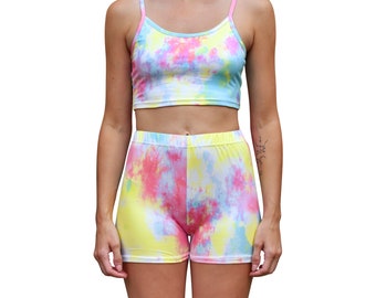 Two Piece Co-Ord Crop Top Cami High Waisted Biker Shorts Yoga Athleisure Loungewear Women's Matching Set - 2" Inseam - Rainbow Tie Dye