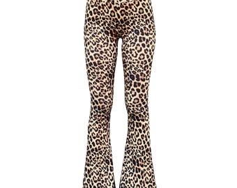 Bell Bottom Flare Stretch Yoga High Waisted Boho Comfy 70s Hippie Bohemian Festival Legging Pants - Leopard