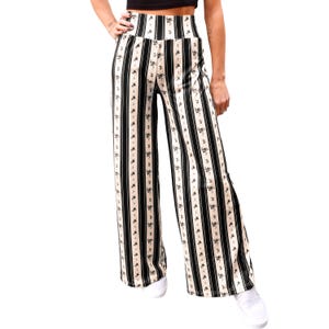 Black Coquette Floral Stripe Print Casual Loungewear Mid to High Rise Elastic Waist Stretch Knit Loose Fit Straight Wide Leg Palazzo Pants