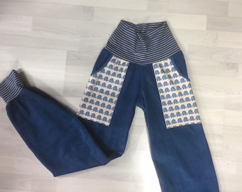 Corduroy pants, wide corduroy pants, bloomers denim blue with elephants