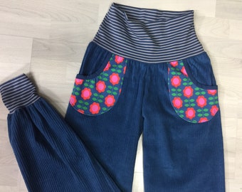 Corduroy trousers, trousers made of wide corduroy, bloomers with retro flowers