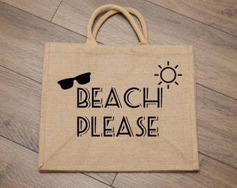 Jute Shopper / große Tragetasche / Einkaufstasche mit Aufdruck "Beach please"