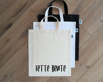Shopping bag / fairtrade cotton / cotton bag / imprint "Fette Beute" / different colours / long or short handles 35 cm / 70 cm