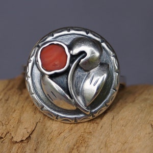 Vintage Ring Handmade Ring Silver Coral Ring Size 49 well preserved and cleaned