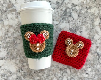 Crochet Gingerbread Mouse Cozy| Mickey Inspired Coffee Cup Cozy| Christmas Drink Cozy| Holiday Ice Cream Pint Cozy| Disney Accessories| Gift